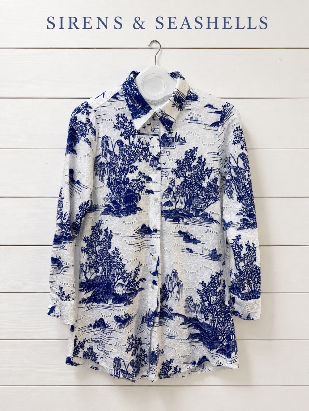 SIRENS & SEASHELLS Blue & White Beachwear Broderie Anglaise Shirt Size S